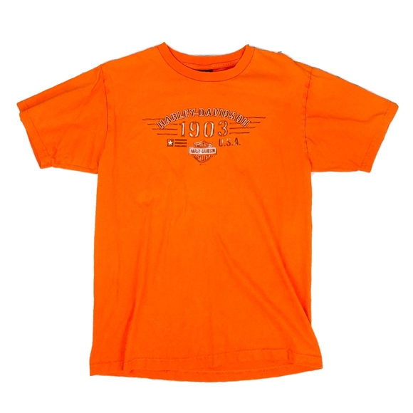 Harley Davidson Mens L Orange Asheboro NC Short Slv Top - Picture 5 of 7